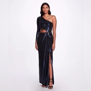 NWT Marchesa Notte Metallic One Shoulder Embellished Gown Size 10 Midnight Blue